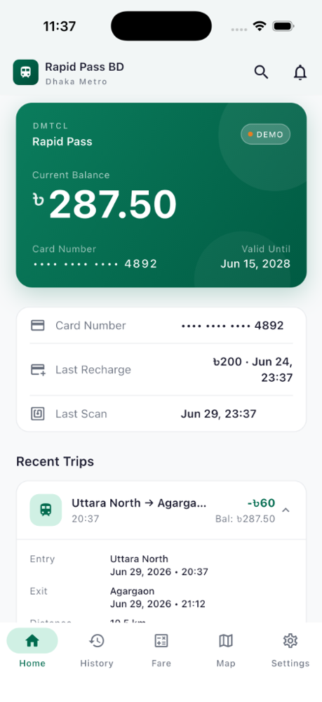 Rapid Pass BD home screen showing a card and recent trips